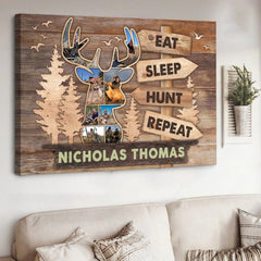 Maxcorners Personalized Hunting Canvas – Custom Deer Head Photo Collage Gift, Eat Sleep Hunt Repeat Wall Art for Hunters, Rustic Cabin Decor