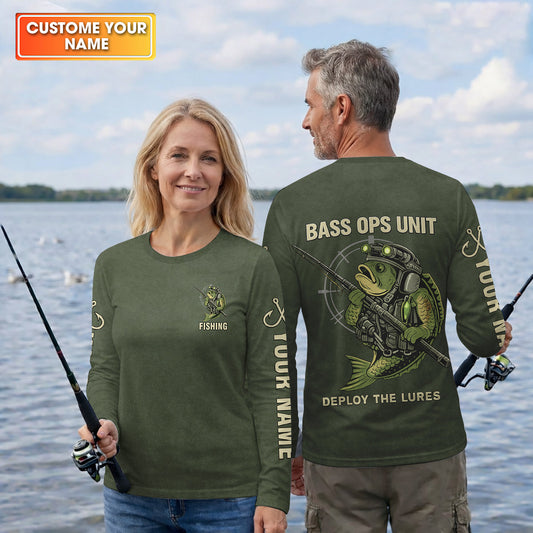 Maxcorners Bass Fishing Shirt, Personalized Military Fishing Long Sleeve Shirt, Funny Fishing Shirts For Men