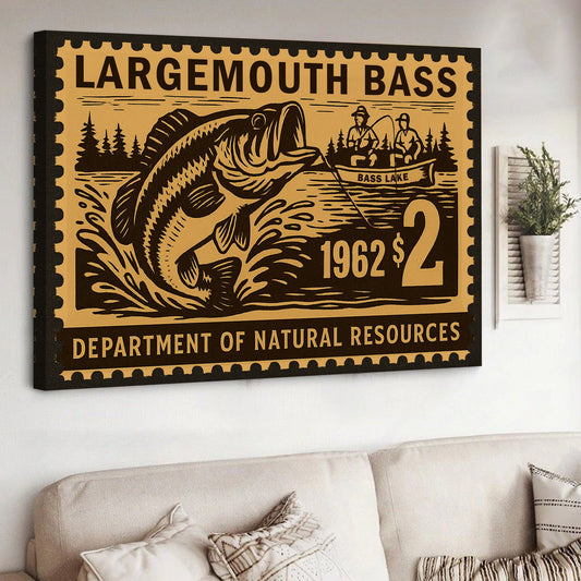 Maxcorners Vintage Largemouth Bass Fishing Stamp Canvas – Retro 1962 Wall Art for Cabin & Man Cave