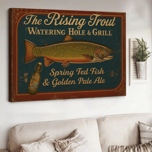 Maxcorners The Rising Trout Watering Hole & Grill Sign Canvas – Vintage Fishing Wall Art for Cabin or Bar Decor