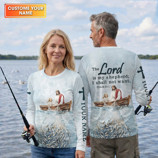 Maxcorners Jesus Catching Fish Bible Verse, Personalized Long Sleeve Shirt, Psalm 23 The Lord Is My Shepherd, Religious Gift for Men