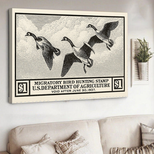 Maxcorners Vintage Migratory Goose Hunting Stamp Wall Art – Retro Duck Print Canvas for Hunters & Cabin Decor
