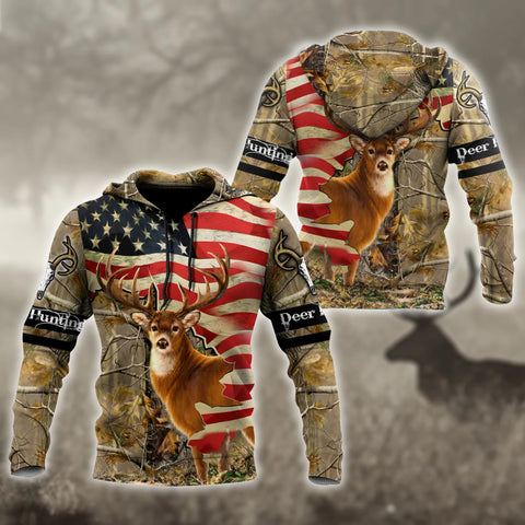 Maxcorners Deer Hunting America Flag 3D All Over Printed Shirts