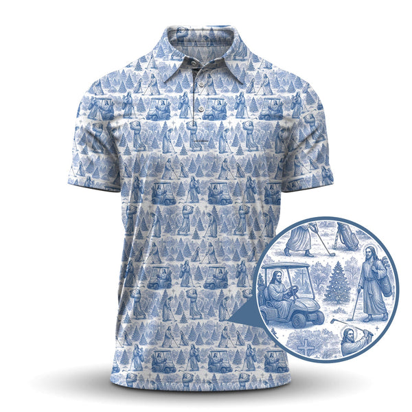 Maxcorners Christmas Golf Shirt, Pattern Golf Shirt For Men, Toile De Jouy Shirt, Jesus Golf Shirt For Golfer