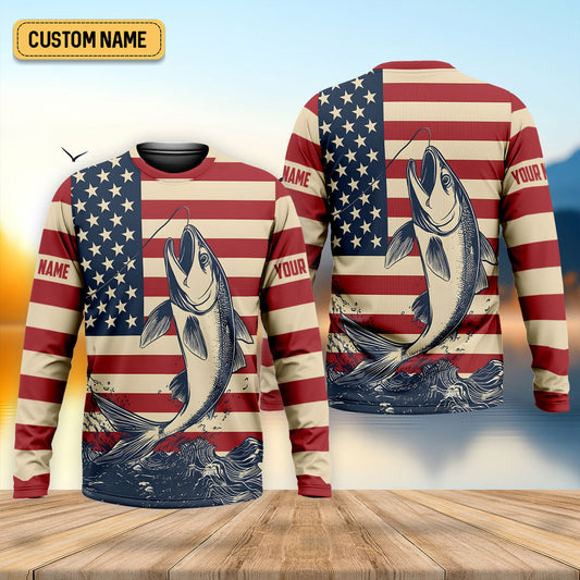 Maxcorners Personalized American Flag Fishing Shirt, Patriotic Bass Long Sleeve UPF For Men