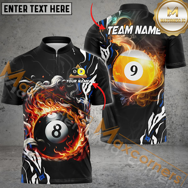 Maxcorners Billiard 8 Ball & 9 Ball Smoke Flame Multicolor Options Personalized Name, Team Name 3D Polo Shirt (4 Colors)