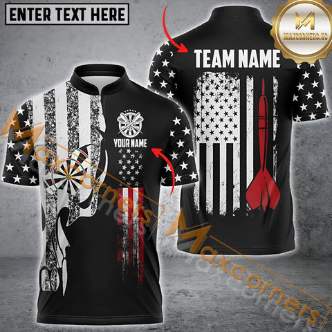 Maxcorners Darts Skull Vintage USA Flag Customized Name, Team Name 3D Polo Shirt