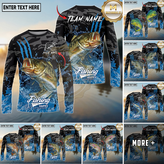 Maxcorners Fishing Camo Water Splash Personalized Name, Team Name Long Sleeve Shirt (9 Breeds)
