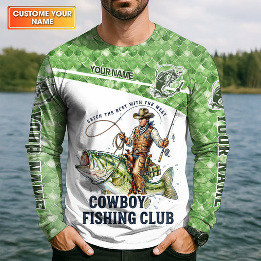 Maxcorners Cowboy Fishing Club Shirt, Personalized Bass Western Long Sleeve For Men, Fishing UPF Shirts