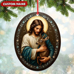 Maxcorners Custom Jesus Holding Deer Christmas Ornament, Personalized Name Christian Tree Decoration, Religious Woodland Gift for Faith Family MT2411