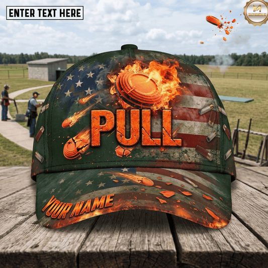( 6 Colors ) Maxcorners Trap Shooting American Flag Fire Flame Clay Pigeon Pull Shells Design Custom Name Classic Cap
