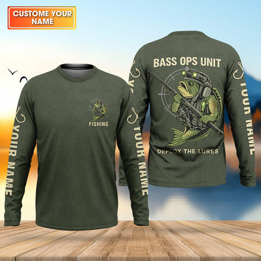 Maxcorners Bass Fishing Shirt, Personalized Military Fishing Long Sleeve Shirt, Funny Fishing Shirts For Men