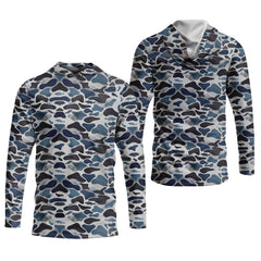 Maxcorners Blue Camo Performance Fishing Shirts, SPF Shirt For Men, Hooded Fishing Shirt, Fishing Shirts For Men