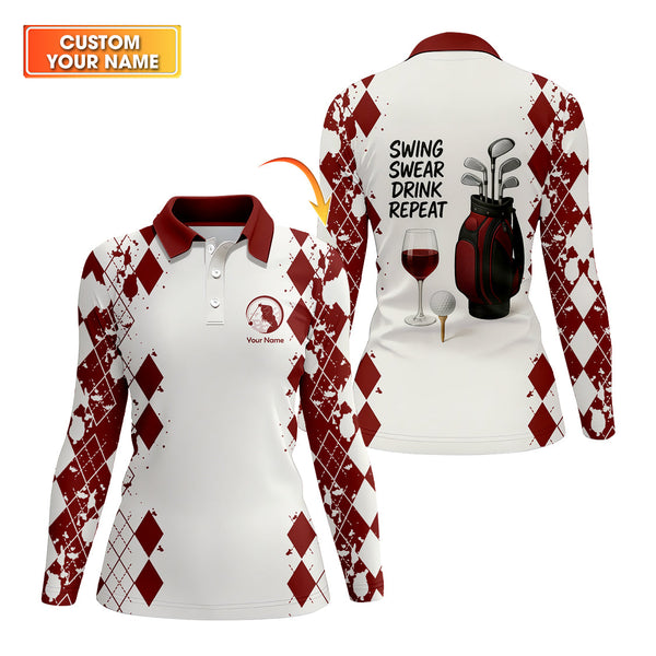 Maxcorners Swing Swear Drink Repeat Women's Golf Shirt, Funny Golf Wine Polos Custom Name, Golf Gift For Golfers