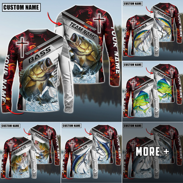Maxcorner Fishing Red Flame With Cross Pattern Sun Protection Personalized Name And Team Name Long Sweat Shirt (6 Fish Species)