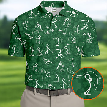 Maxcorners Stick Figure Golf Pose Shamrock Golf Shirt, St Patrick's Day Golf Tops For Men, Polo Shirts For Men