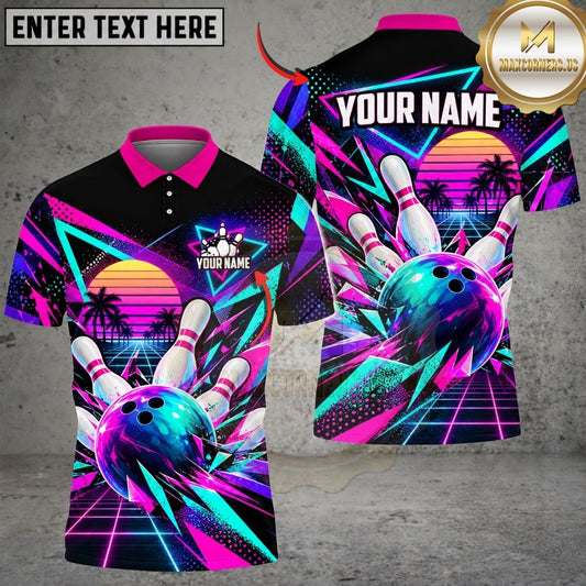 Maxcorners Bowling Synthwave Retro Neon Sunset Palm Trees Pins Strike Artwork Multicolor Customized Name, Team Name 3D Shirts