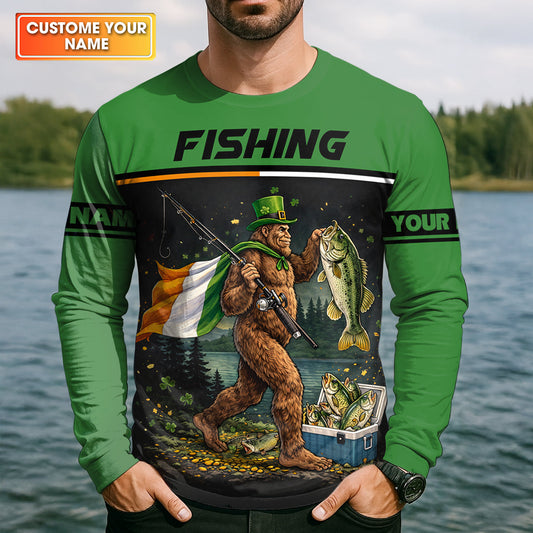 Maxcorners Fishing Makes Me Happy Shirt, Personalized Bigfoot St. Patrick's Day Fishing Long Sleeve For Men
