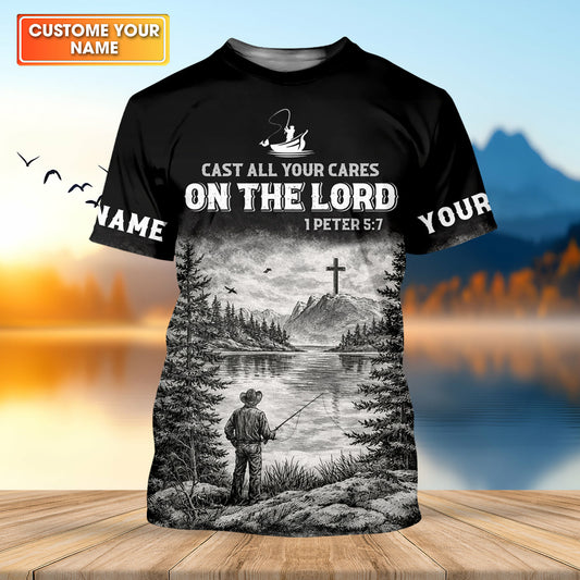 Maxcorners Cast All Your Cares On The Lord Fishing UPF Shirt, Personalized Fishing Shirt For Men, Fishing Shirts For Men
