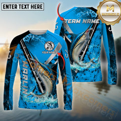 Maxcorners Marlin Fishing Blue Flame Silver Reel Pattern Jersey Personalized Name, Team Name Long Sleeve Shirt