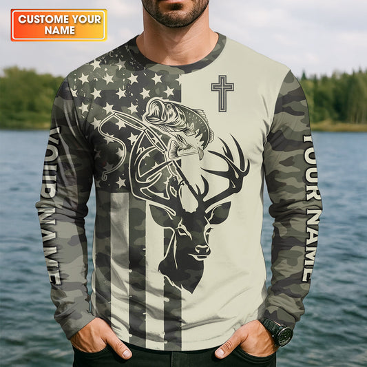 Maxcorners Faith Hunting Fishing Shirt, Christian Camo Deer Bass Patriotic Long Sleeve, Fishing UPF Shirts