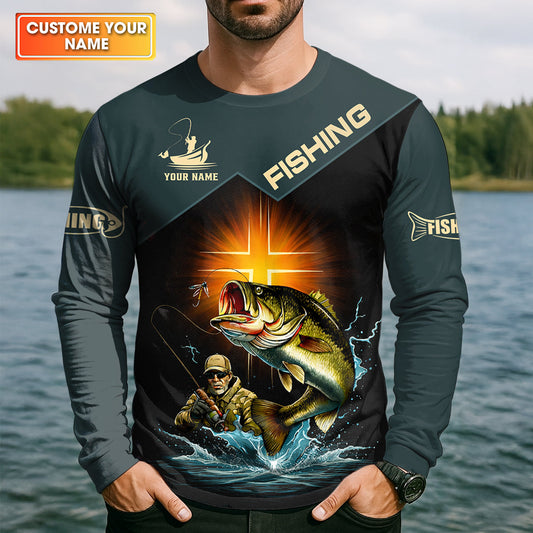 Maxcorners Like Fishing And Believe In Jesus Shirt, Christian Bass Fishing Long Sleeve For Men, Fishing UPF Shirts