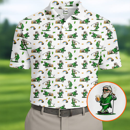 Maxcorners St Patrick's Day Leprechaun Character Golf And Beer White Golf Shirt, Fun Golf Shirts For Men, Polo For Men