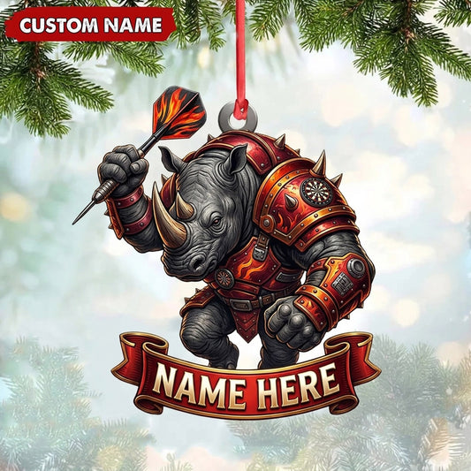Maxcorners Darts Lover Powerful Rhino Warrior, Holding Darts, Name Banner Personalized Name Ornament 2D Flat