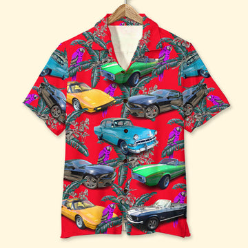 Maxcorners Custom Classic Car Photo Hawaiian Shirt, Purple Parrot Seamless Pattern, Gift For Car Lovers