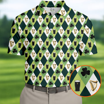 Maxcorners Green And White Argyle Pattern Beer St Patrick's Day Golf Shirt, Golf Tops For Men, Polo For Men