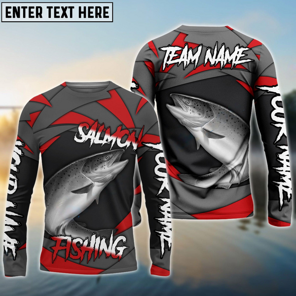 Maxcorners Salmon Fishing Red Gray Spinning Pattern Personalized Name, Team Name 3D Long Sleeve Shirt