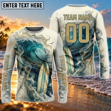 Maxcorners Surfing Coastal Ocean Wave Art Customized Name, Number, Team Name 3D Long Sleeve Shirts