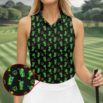 Maxcorners Neon Green Cocktails Three Leaf Clover St Patrick's Day Golf Shirt, Women's Golf Tops, Ladies Golf Shirts