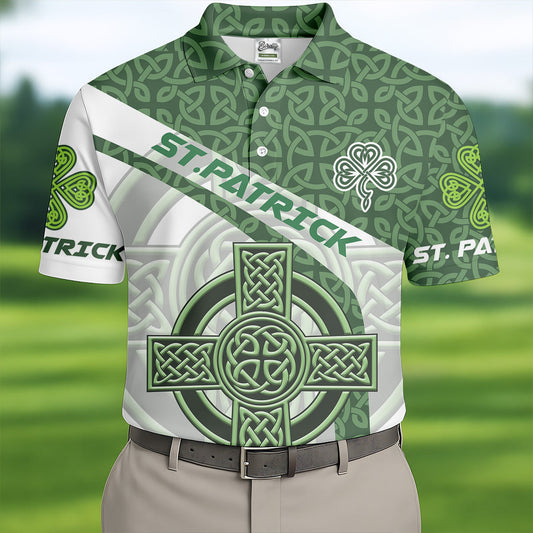 Maxcorners St Patrick's Day Celtic Knotwork Pattern Shamrock Golf Shirt, Polo Shirts For Men, Golf Shirts For Men