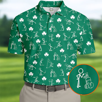 Maxcorners Stick Figure Golf Pose St Patrick's Day Shamrock Green Golf Shirt, Polo Shirts For Men, Golf Shirts For Men