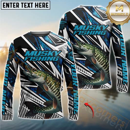 Maxcorners Musky Fishing Custom Long Sleeve Tournament Shirts, Blue Grass Camo Musky Fishing Jerseys LM2408
