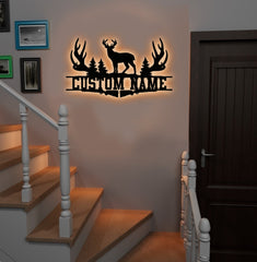Maxcorners Personalized Deer Antler Metal Sign WITH LED/WITHOUT LED Light Custom Name Forest Wall Art Hunter Gift Rustic Cabin Decor LM0110