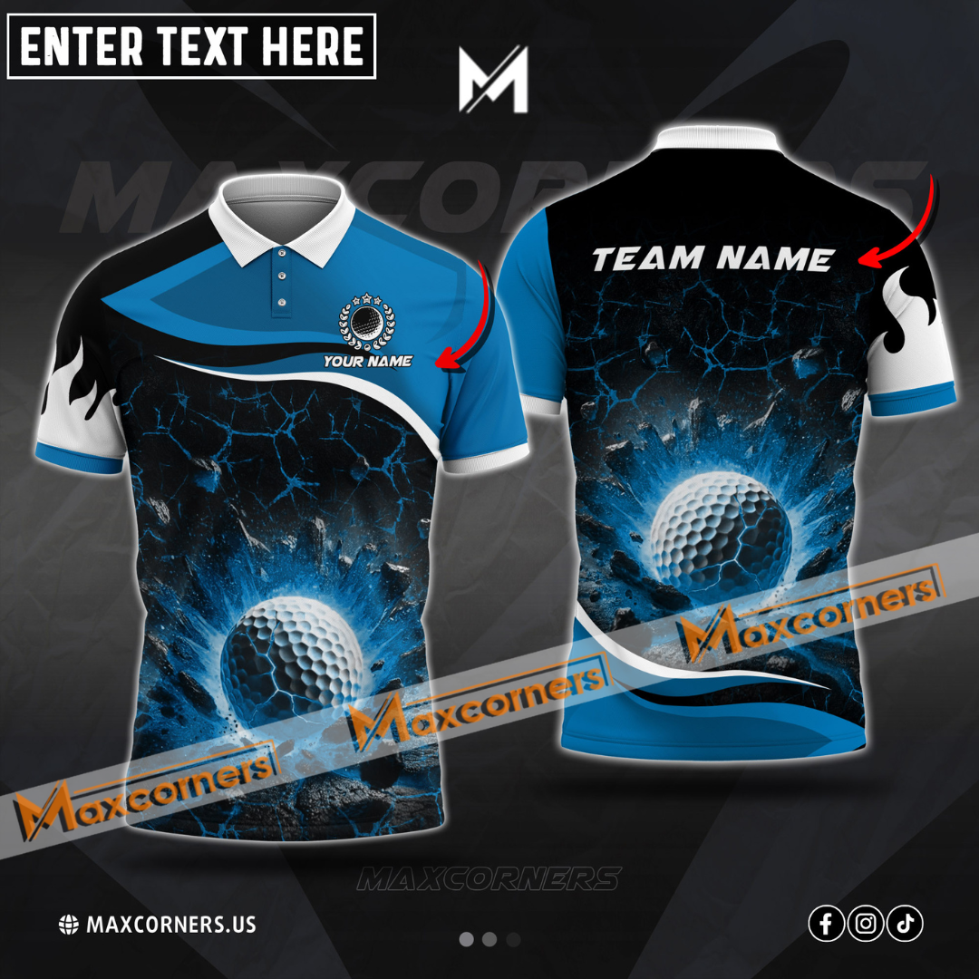 Maxcorners Golf Ball Flame Magma Pattern Multicolor Options Customized Name, Team Name 3D Polo Shirt