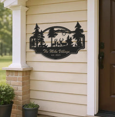 Maxcorners Personalized Deer Metal Sign WITH LED/WITHOUT LED - Rustic Wildlife Scene Cabin Name Sign, Family Lodge Outdoor Wall Art LM0110