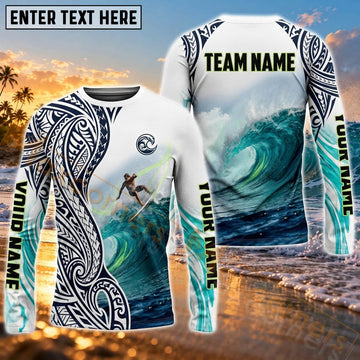 Maxcorners Surfing Shirt Tropical Ocean Wave Art Customized Name, Team Name 3D Long Sleeve Shirt