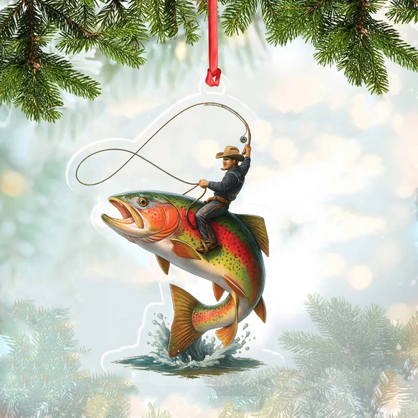 Maxcorners Personalized Funny Fishing Acrylic Ornament – Cowboy Riding Fish Christmas Decoration for Fishermen LM0411
