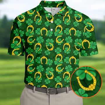 Maxcorners Four Leaf Clovers Golden Horseshoes St Patrick's Day Golf Shirt, Polo Shirts For Men, Golf Shirts For Men