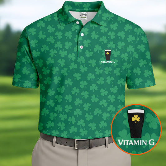 Maxcorners Vitamin G Shamrock Pattern Golf And Beer Green Golf Shirt, St Patrick's Day Golf Shirt, Polo Shirts For Men