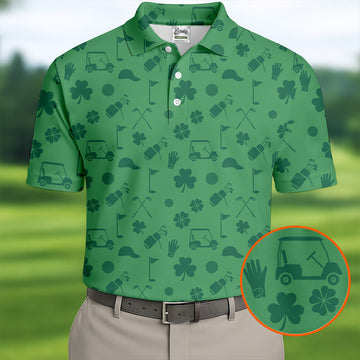 Maxcorners Dark Green Golf Items Seamless Pattern St. Patrick’s Day Shamrock Golf Shirt, Golf Shirts For Men