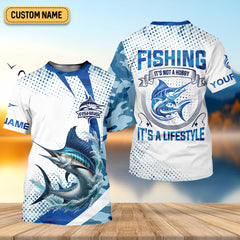 Maxcorners Fishing It's Not A Hobby It's A Lifestyle Blue Camo Fishing UPF Shirts, Blue Marlin Fishing Shirts For Men