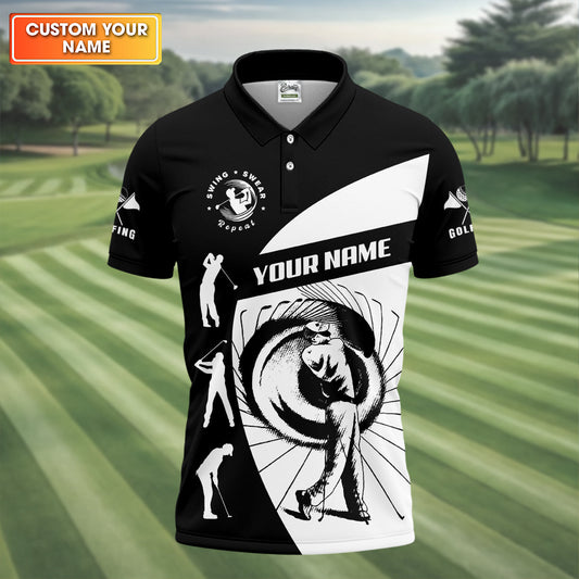 Maxcorners Swing Swear Repeat Custom Funny Golf Polo Shirt, Dad Golf Gifts