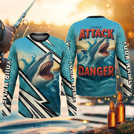Maxcorners Shark Fishing SPF Shirts, Shark Attack Danger Area Fishing Shirts For Men, Funny Fisherman Gift