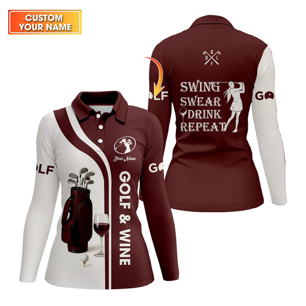 Maxcorners Custom Name Women's Golf Polos, Golf And Wine Shirt, Funny Golf Shirts For Lady Golfers