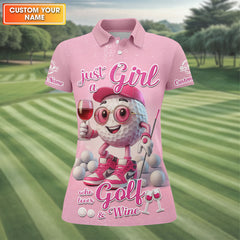 Maxcorners Just A Girl Who Loves Golf And Wine Custom Womens Golf Polo Shirt, Womens Golf Gifts