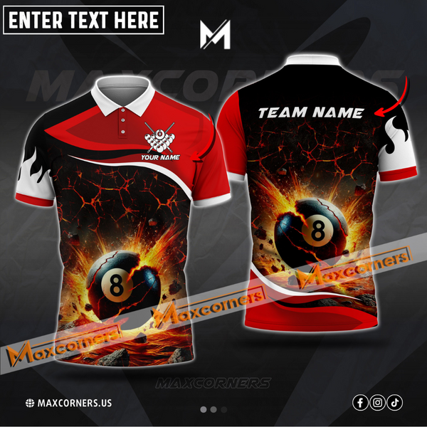 Maxcorners Billiard Ball 8 Flame Magma Pattern Personalized Name, Team Name 3D Polo Shirt